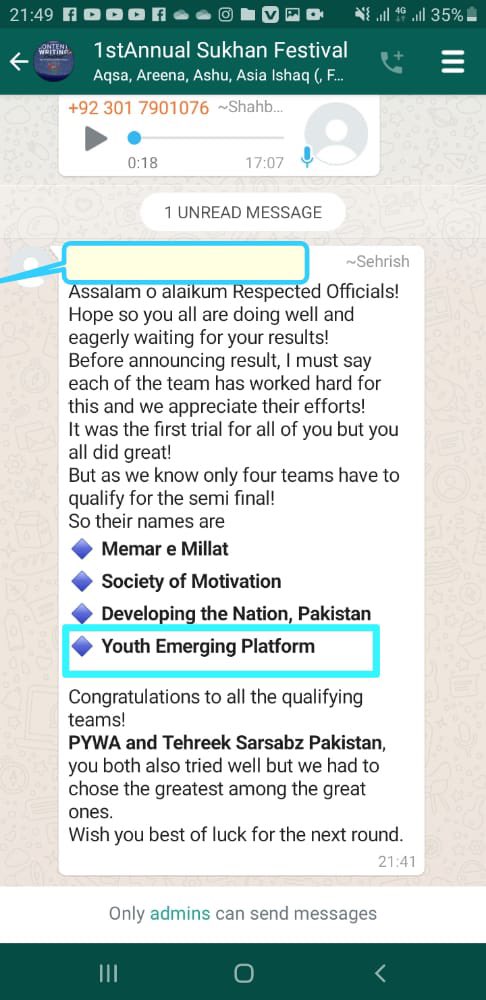 yeppakofficial's tweet photo. #Alhamdulillah! We have qualified to #First_Annual_Sukhan_Festival organized The gems
#Ms_Anfah_Riaz
#Ma_Fareeha_Maryam
#Ms_Itba_Tahreem
#Mr_Zubair_Malik
We are much hopeful to win #In_Sha_Allah.
#Thank_You_All.
Regards:
#YEP_Youth's #Emerging_Platform
(#Best_of_the_Best) https://t.co/7JlTkrElDG