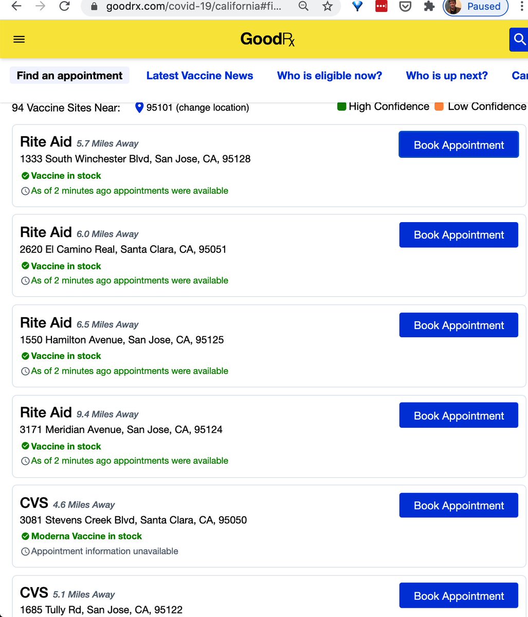adampasz's tweet photo. @ded @GavinNewsom I've found GoodRX to be useless. I searched just now for San Jose, and it shows many CVS and Rite Aid have appointments available. If you click "Book Appointment", it just takes you to the website where you need to search again, and inevitably there are no appointments. https://t.co/kCAtEfvEip