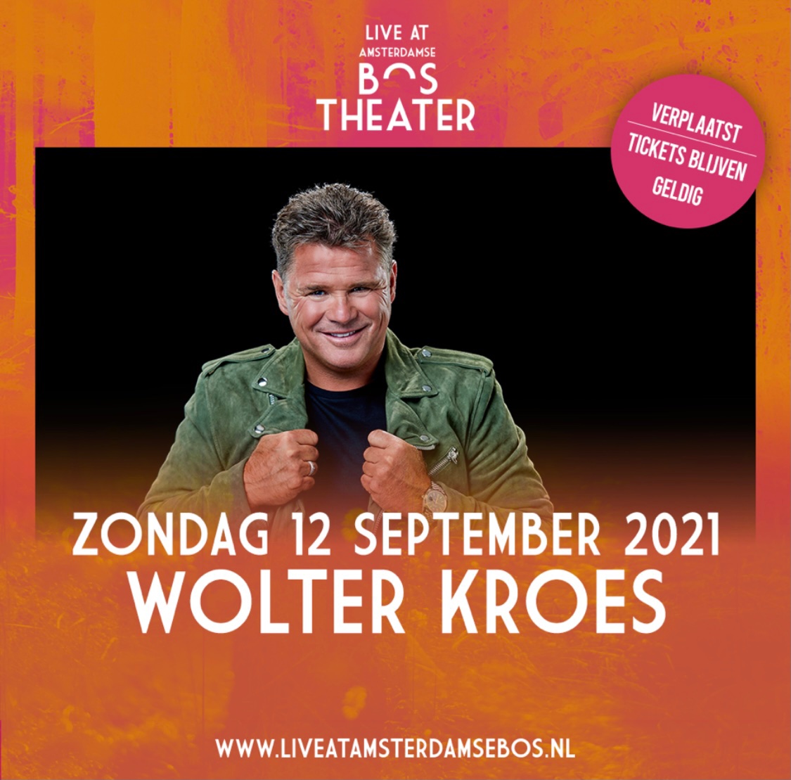 Lieve allemaal,

En wéér is het optreden Live in het Amsterdamse bos verschoven door de Corona maatregels. In plaats van 28 mei gaan we nu op 12 september een geweldige show geven in het openluchttheater live in het Amsterdamse bos.