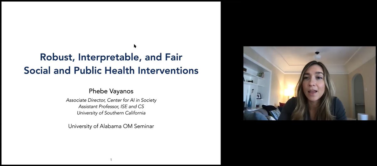 Had the pleasure of hosting (virtually!) <a href="/phebe_vayanos/">Phebe Vayanos</a> to speak on designing robust, interpretable, and fair social and public health interventions in our #OMPhDSeminars <a href="/culverhouseua/">Culverhouse College of Business</a> <a href="/UofAlabama/">The University of Alabama</a>.  Great talk!