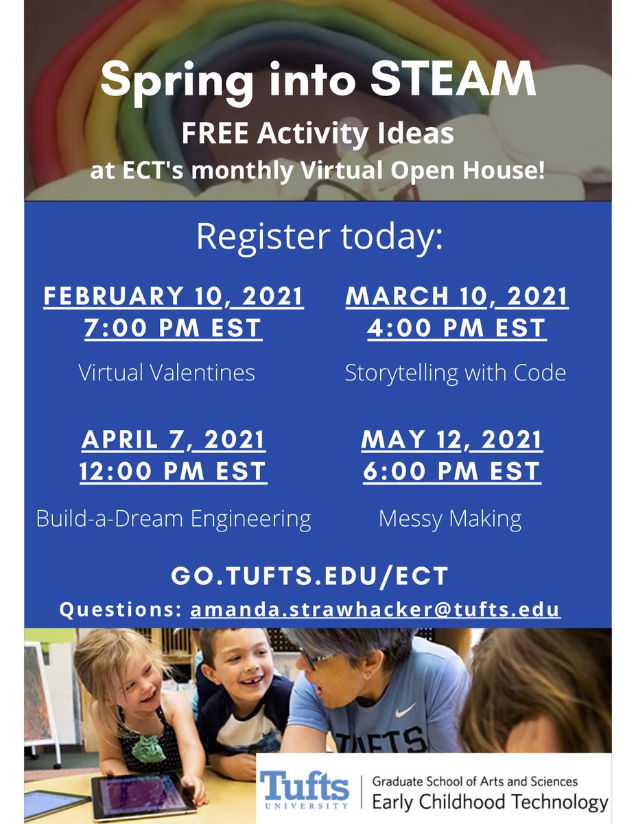 Spring is popping up all over! Are you ready to #SpringIntoSTEAM?

Join <a href="/ALStrawhacker/">Dr. Amanda Strawhacker</a> on **4/7 @ 12pm EST** to find out if our grad program is right for you! 

You'll also get FREE #STEAM activity ideas for PK-2, made by our own students!

Register here: go.tufts.edu/ECT