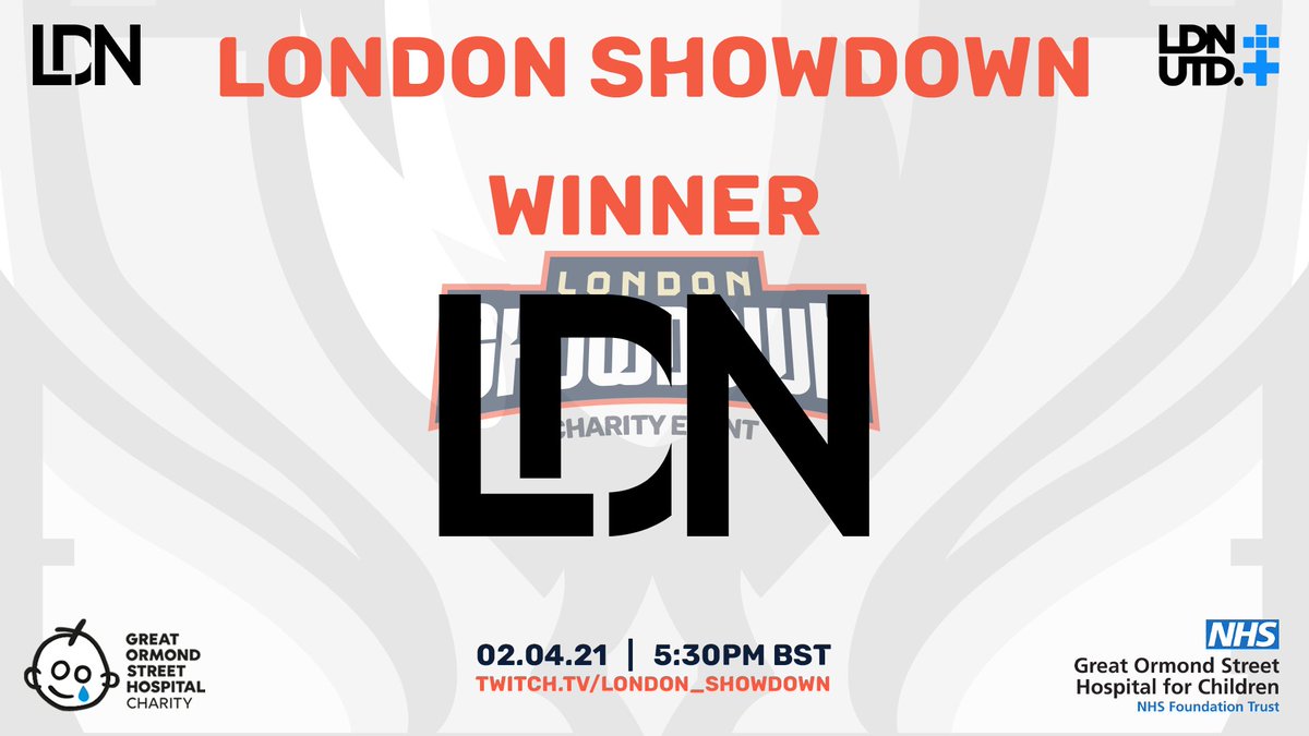 LondonShowdown's tweet photo. A massive congratulations to @LDN_Esports who take down @LDNUTD 2-0.

A great match between them and a great amount of money raised for @GOSHCharity. Thank you everyone who donated, watched &amp; participated.

Thank you

https://t.co/pqgggXPbQV https://t.co/DwlUZlVGgT