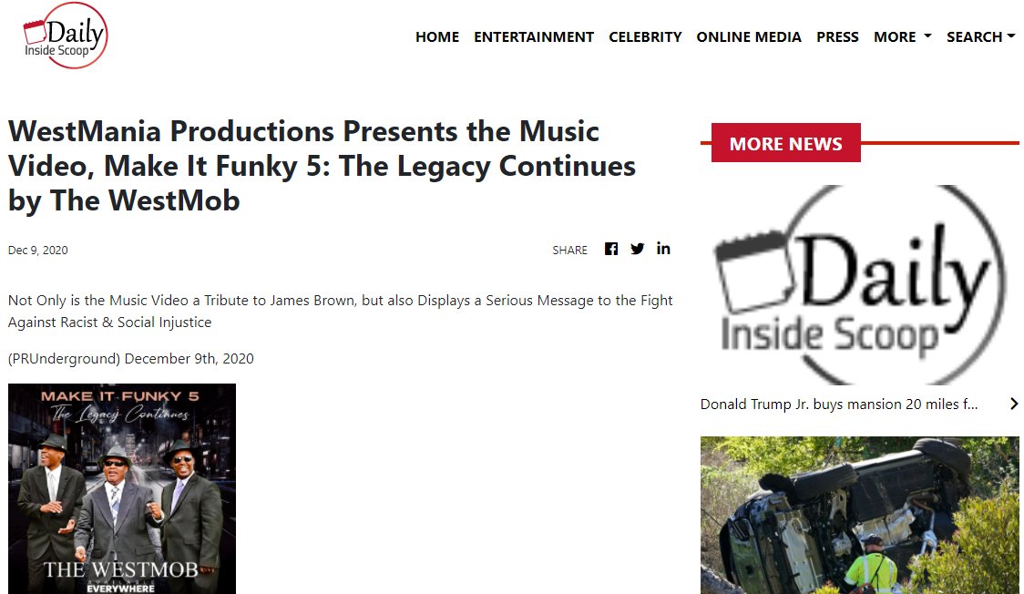 CCE_Publicist's tweet photo. CLIENT NEWS: The #WestMob #Band is featured on the Daily Inside #Scoop (#Hollywood #Media #News) about their new #music #video, "Make It Funky 5: The #Legacy Continues" presented by #WestMania #Productions. #WestMobBand #MakeItFunky5 #JamesBrown 
https://t.co/7OO4JR2yHM https://t.co/TUFAV9L4Ho