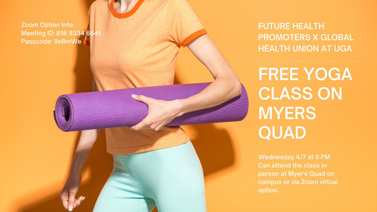 UGA_FHP's tweet photo. NEXT WEDNESDAY 
FHP and GHU at UGA present a FREE yoga class available on Zoom and in person at Myers Quad on UGA campus. Free food will be provided. See you there! https://t.co/Hc604fJUfN