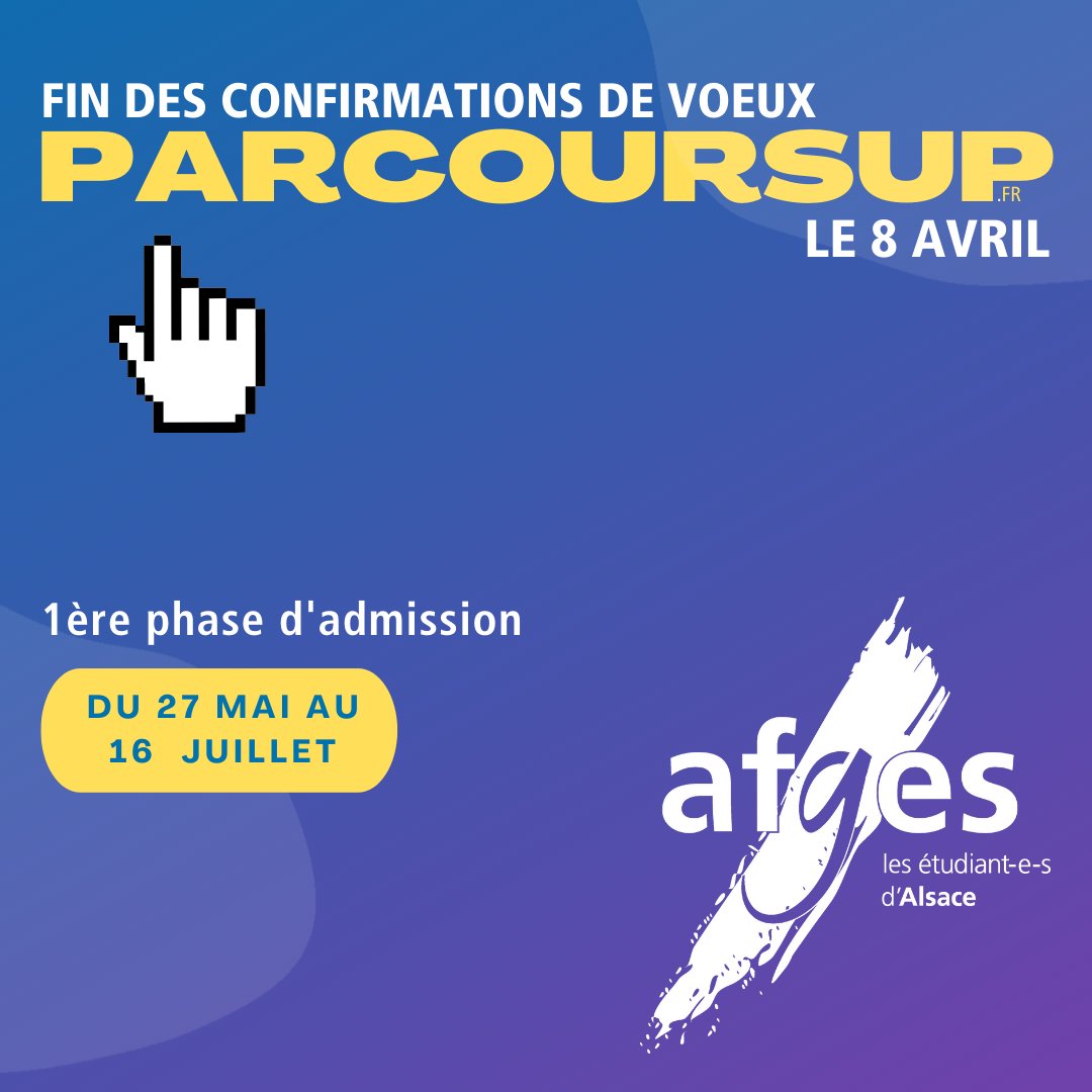AFGES's tweet photo. [PARCOURSUP]📚

Le dépôt des pièces pour les dossiers et la confirmation des #vœux prend fin le 8 avril ! 

La prochaine étape, c'est la 1ère phase d'#admission. Elle débute le 27 mai et dure jusqu'au 16 juillet. 

Une question, un problème ? ▶️ hotline@afges.org ◀️

#Parcoursup https://t.co/uYOtKTHSwH