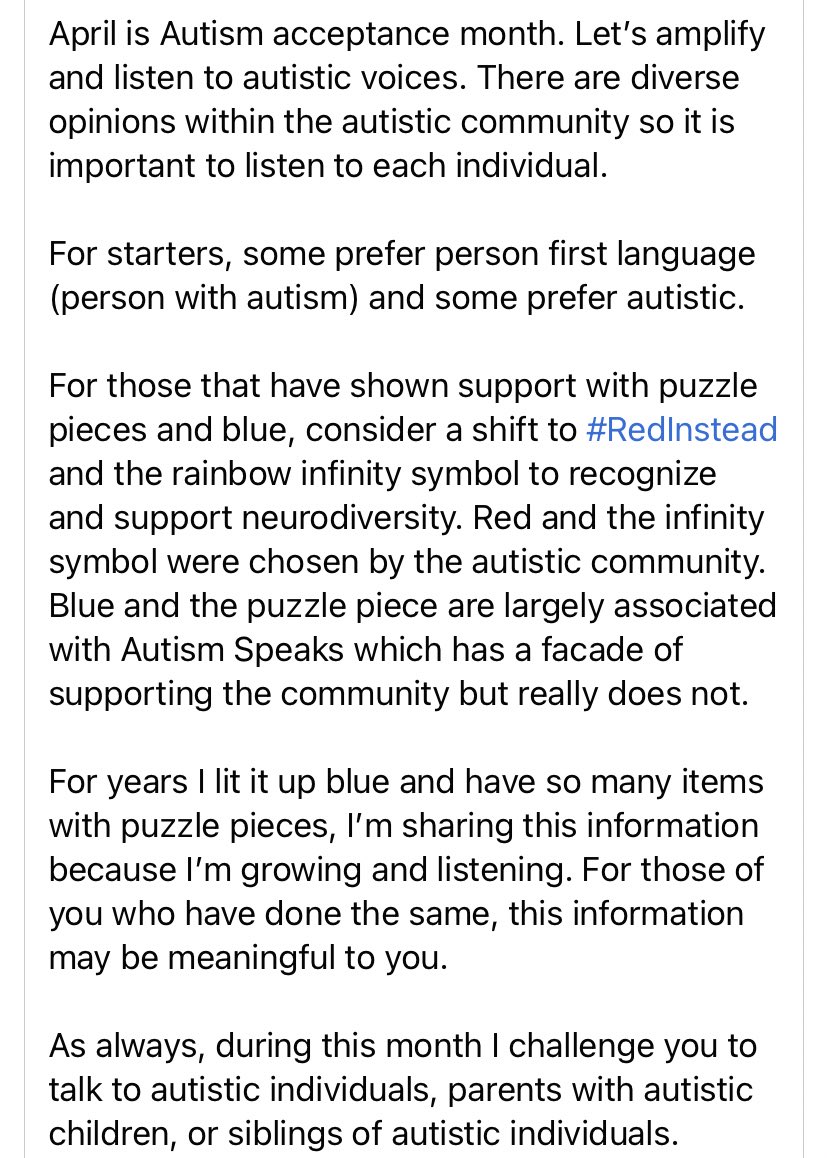 Written by an amazing colleague #WorldAutismDay #AutismAcceptance I for one have loved my puzzle pieces as I thought they represented the uniqueness of ASD. But the world we live in is changing INFINITELY! And that is okay as long as we commit to learn and change with it!