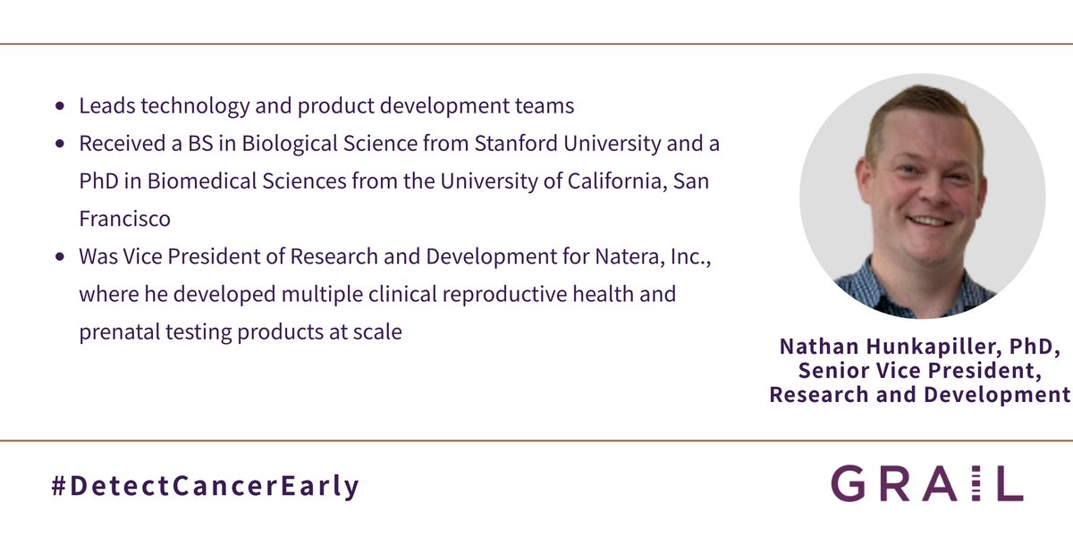 GrailBio's tweet photo. Meet Nathan Hunkapiller, senior vice president for Research and Development. Nathan leads our technology and product development teams, helping make multi-cancer early detection (MCED) a reality. Learn more about him 👇 #GetToKnowGRAIL https://t.co/AOlp2ZKoez