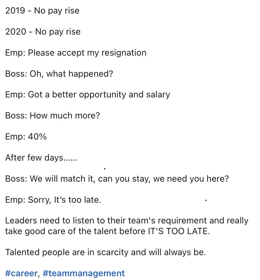Some haven’t realized we aren’t only in a global pandemic but also in a war of talents. Time to take care of or you‘ll find out the hard way #leadership