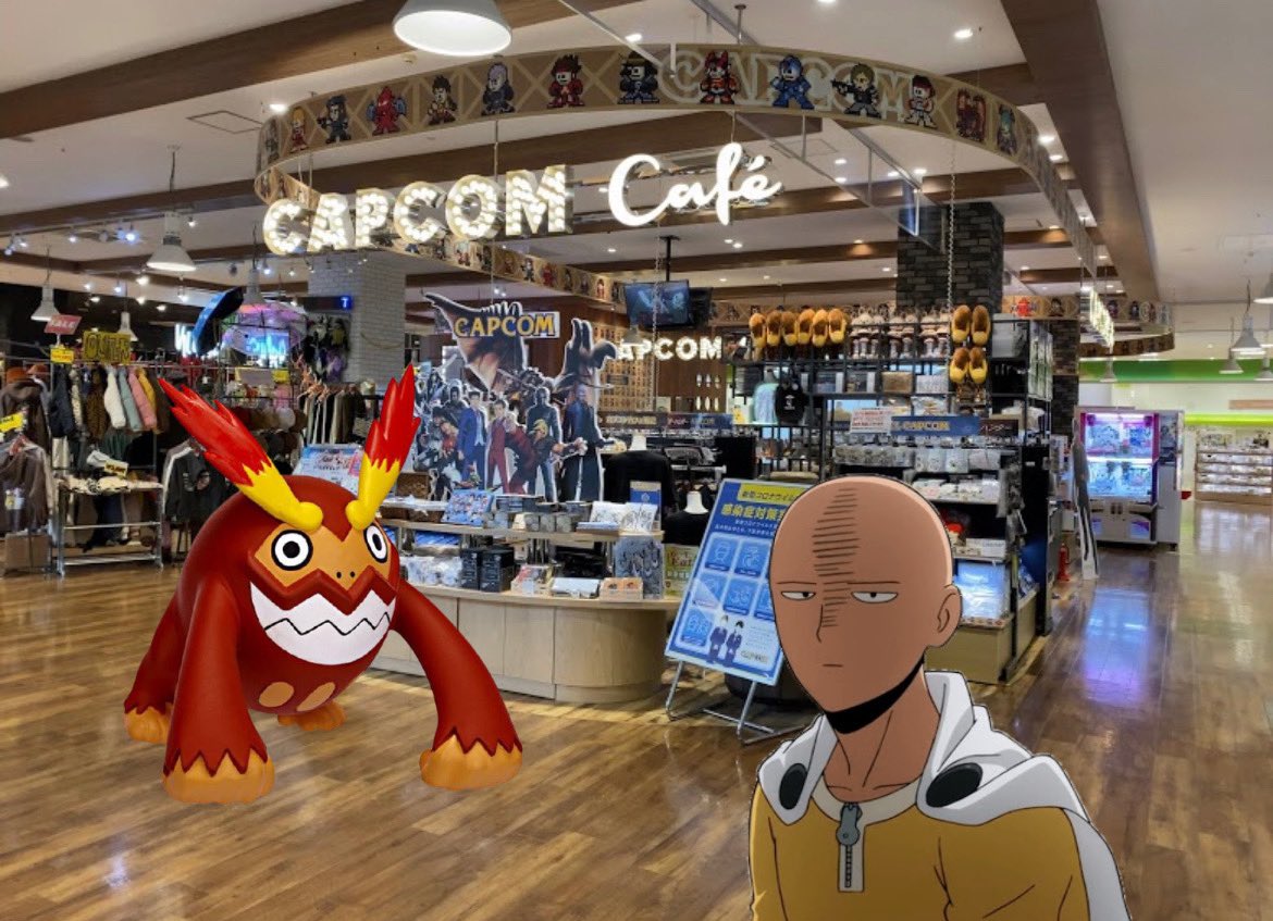 Darmaniganda's tweet image. Finally took Saitama to the Capcom Cafe. I had to forcefully make him hungry with food pictures for half an hour to convince him, but now we’re gonna be eating good!