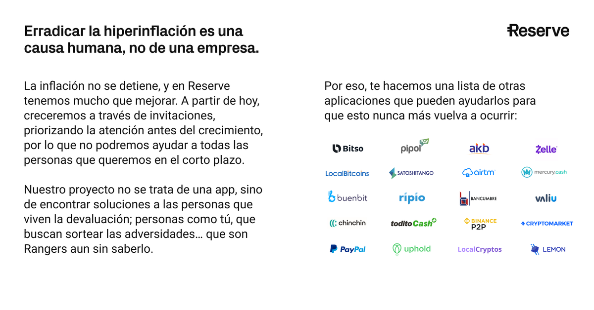 holareserve's tweet photo. Erradicar la hiperinflación es una causa humana, no de una empresa:

Hoy entramos en una nueva etapa, nos toca mejorar y crecer internamente para poder seguir dando la mejor atención humana; por eso los nuevos usuarios ingresarán por invitaciones. https://t.co/Z9kFT5gD47