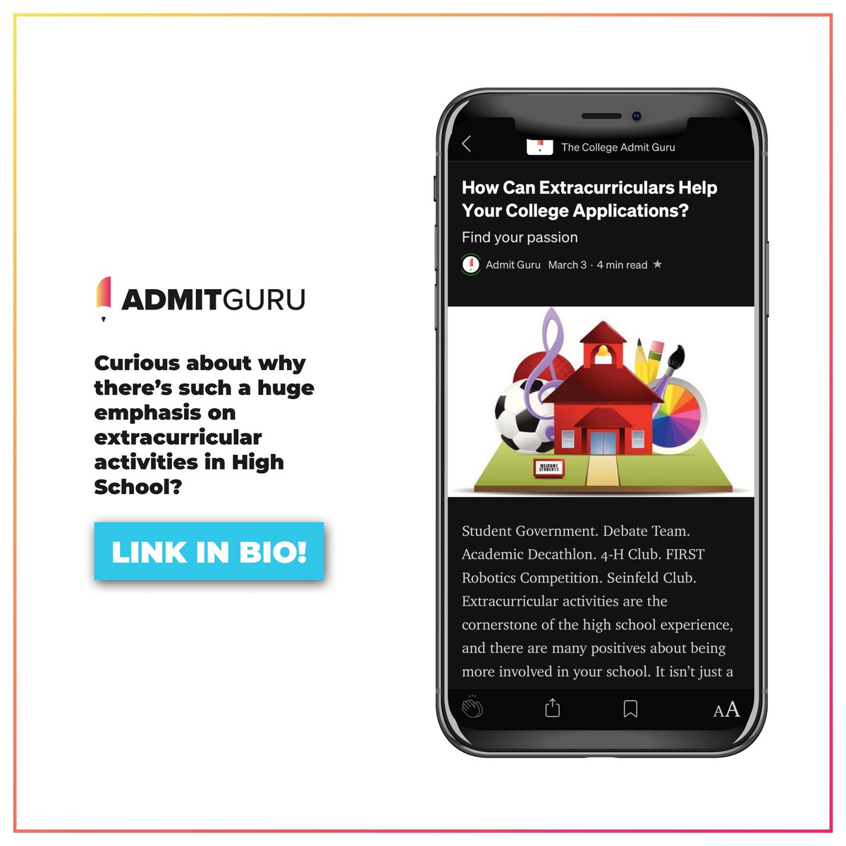 admitguru_'s tweet photo. Have any of you wondered "What's REALLY the point of extracurriculars?" Our latest blog post gives you the inside SCOOP on why they are important! ⁠

🔗 https://t.co/CsZfVpWj9J
⁠
#mediumblogger #newblogpost #studyhard #collegebound #collegeprep #blogoftheday #collegeblog https://t.co/DAWJTdl1Pz
