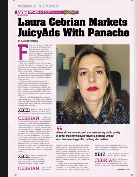 Team JuicyAds is Super Proud! Our very own Laura Cebri&aacute;n is featured in this month's XBIZ World (page<a href="/tag/keepitjuicy"class="tags"><span>#keepitjuicy</span></a>