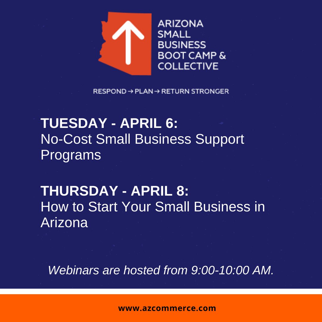 GilbertChamber's tweet photo. Join the Arizona Commerce Authority for next week's Boot Camp sessions to help small businesses respond, plan, and return stronger.

➡️ Register online and view the archive: https://t.co/yhheQhz1oe

#TheChamberIs #LoveLocalGilbert https://t.co/j9mxD0BAP9