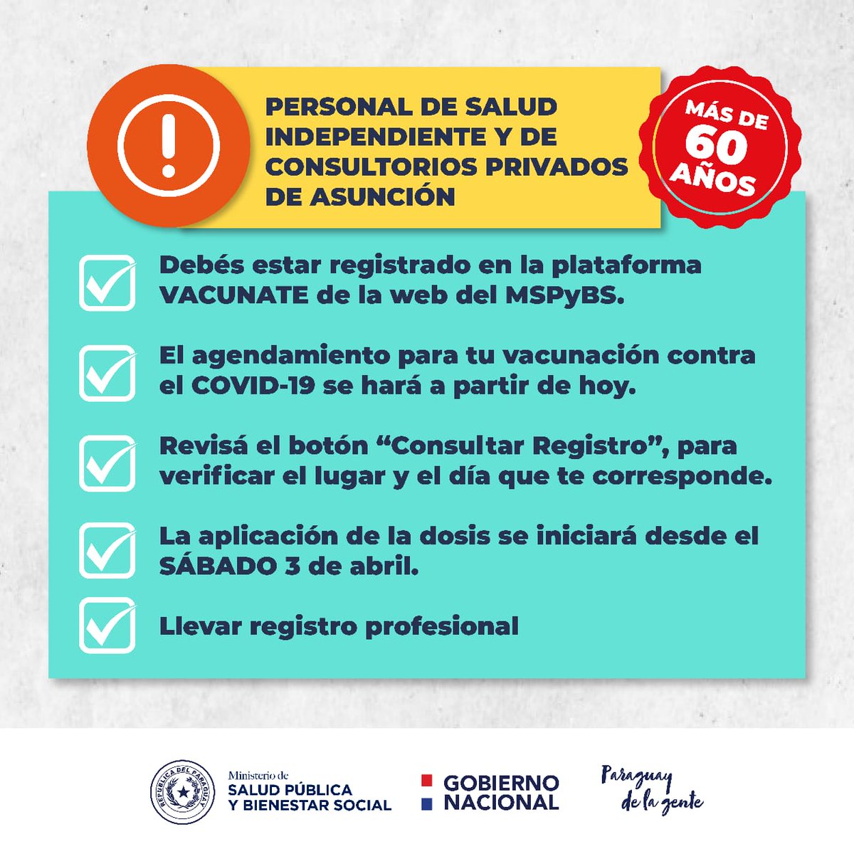 Ministerio De Salud On Twitter Vacunacion Covid19 Personal De Salud Independiente Y De Consultorios Privados De Asuncion Mayores De 60 Anos