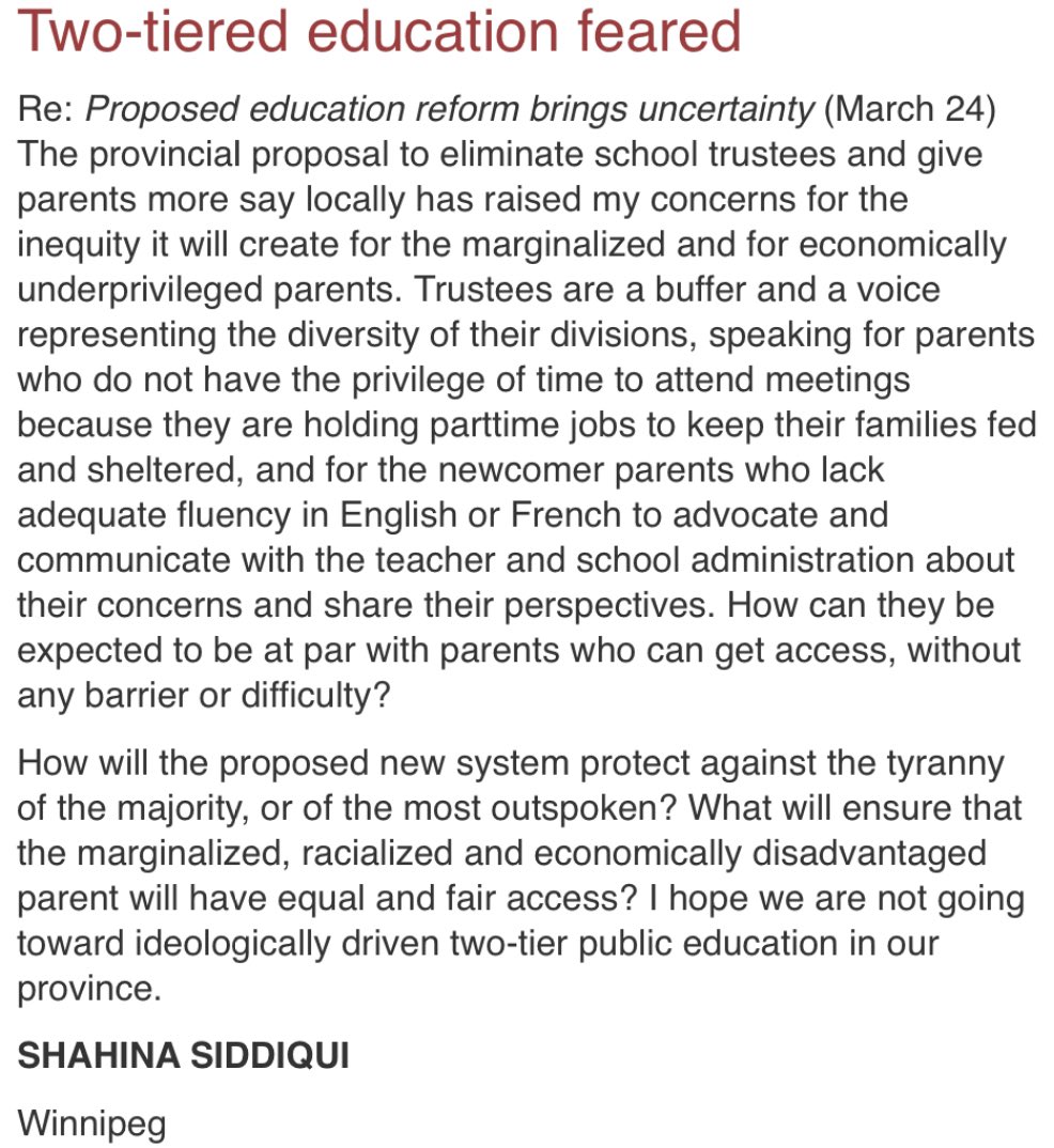 HDemetrioff's tweet photo. This letter to the editor from today’s @WinnipegNews eloquently captures one facet of the negative impact Bill 64 will have on public education in Manitoba. And this is but one of so many negative impacts, government’s sad PR campaign not withstanding. https://t.co/T2nsBrzZgO