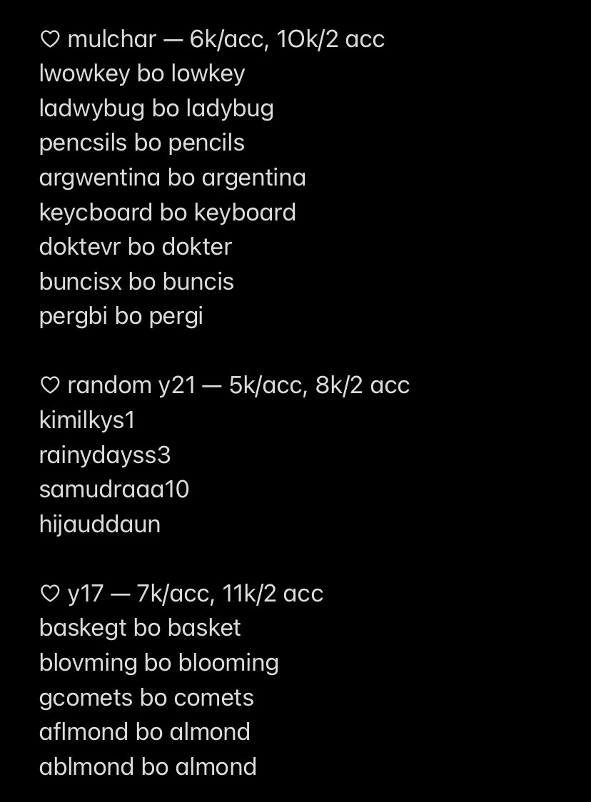 juaIbeIi's tweet photo. ready acc kosongan  

♡ mulchar y21
6k/acc, 1Ok/2 acc
♡ random 
5k/acc, 8k/2 acc
♡ mulchar y17
7k/acc, 11k/2 acc

ㅡ v all, mastip april, mei
ㅡ go green bebas sb
ㅡ udh limit 12h
ㅡ msk ht / non moots
ㅡ dpt nomor &amp; pass email

#zonaba #zonauang #zonabu #zonacuan #zonajajan https://t.co/KYbOZZzoBV