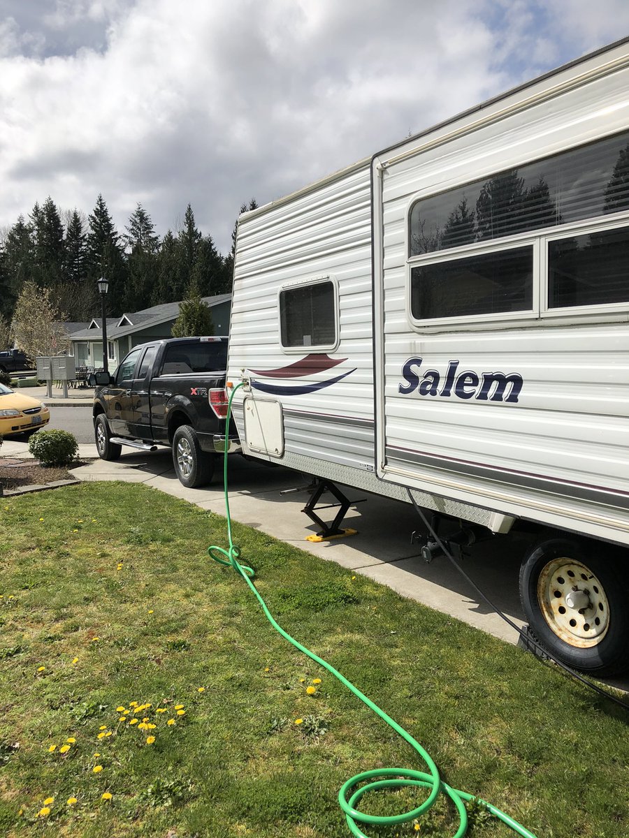 SimplyATreasure's tweet photo. Is it still considered camping when your parked on your mom’s concrete driveway, hooked up to her water and electricity, and taking a shower in her house in the morning?  Here for the Easter weekend with family. How fun! https://t.co/mvt8cDlGMS