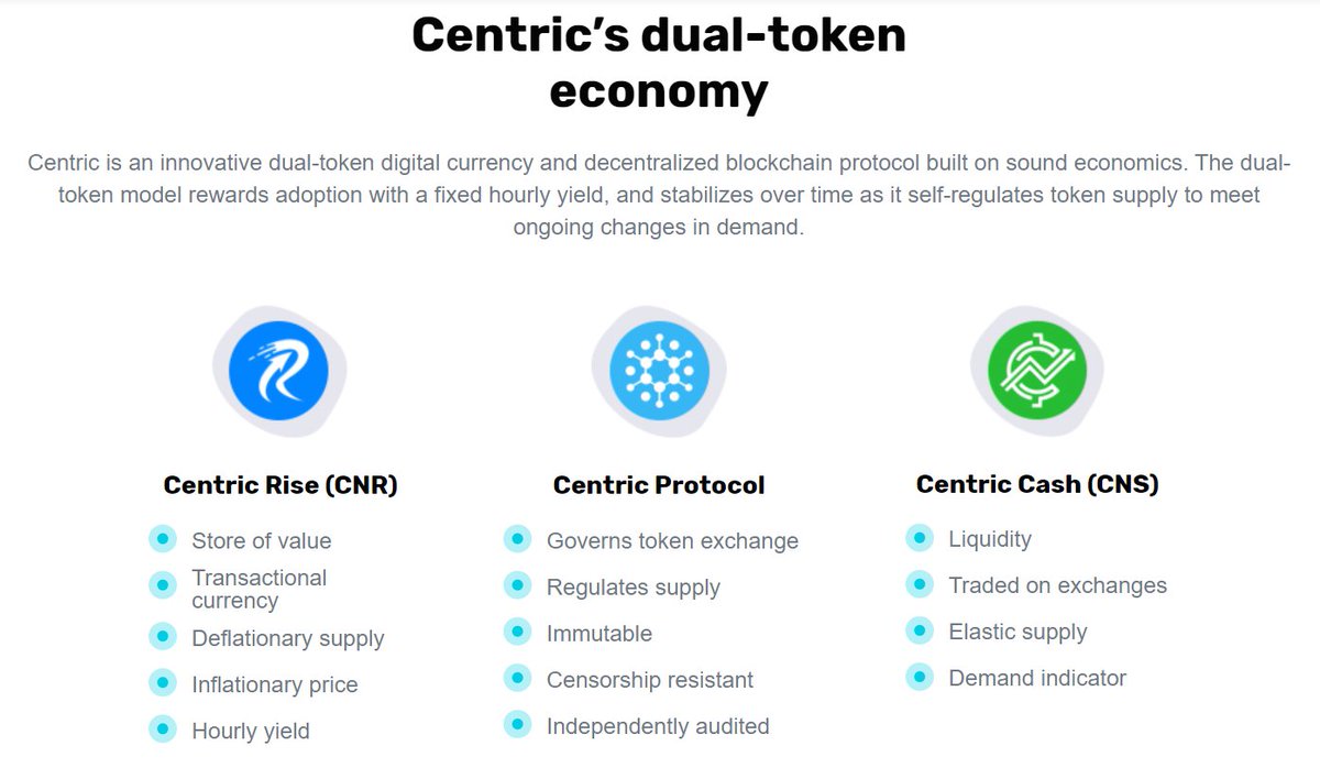 3/ How does Centric do it? Centric wants to create a stable coin by the usage of two tokens.  $CNS and  $CNR.  $CNS is the token that will eventually become $1 and  $CNR is used as an incentive to get it there.