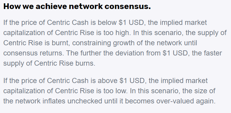 4/ It works this way:If  $CNS's price deviates from $1 the market gets a massive incentive to buy or sell  $CNS and thus adjust its price. This is what the Centric group calls the network consensus. More in the image.