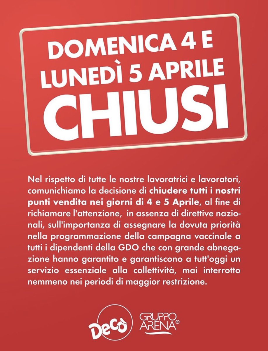 Se l’intera Distribuzione italiana (tutta!!!) avesse fatto come <a href="/GruppoArenaDeco/">Decò Gruppo Arena</a>, ci sarebbe stata maggiore sensibilità del Governo verso il coraggio delle lavoratrici e lavoratori dei punti di vendita, prima osannati per la loro responsabilità ed ora dai politici dimenticati😰