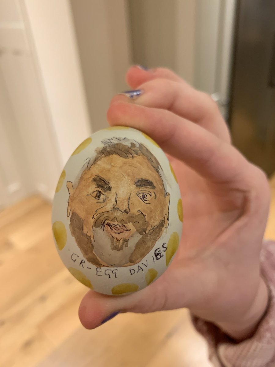 drgjgordon's tweet photo. @gdavies my daughter just triumphed in our family Easter egg competition with this beauty. We have long considered you an honorary family member since you made an impromptu appearance at my Mum’s 80th at a hotel in York a few years back! Happy Easter, Gr-Egg! @LastAlison https://t.co/knGWRyjLTp