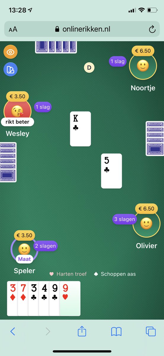 And here’s the current mobile design for my card game. Built with <a href="/angular/">Angular</a>. You can try it on OnlineRikken.nl (Dutch only) #buildinpublic