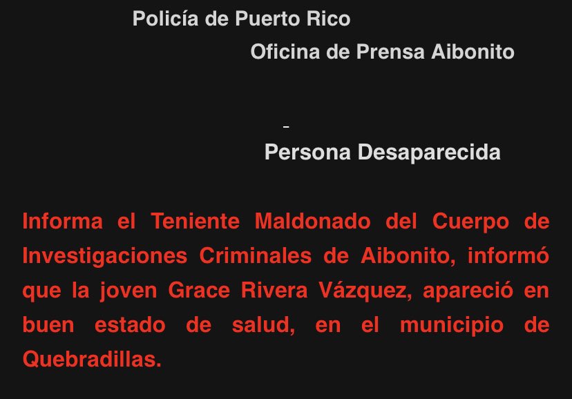 Motinsitepegas's tweet photo. AHORA | Grace Carolina Rivera Vazquez, la menor de 16 años que desapareció de su casa en Barranquitas, APARECIÓ en “buen estado de salud”, de acuerdo con la Policía. Estaba en el pueblo de Quebradillas. https://t.co/1bXxyqbC91