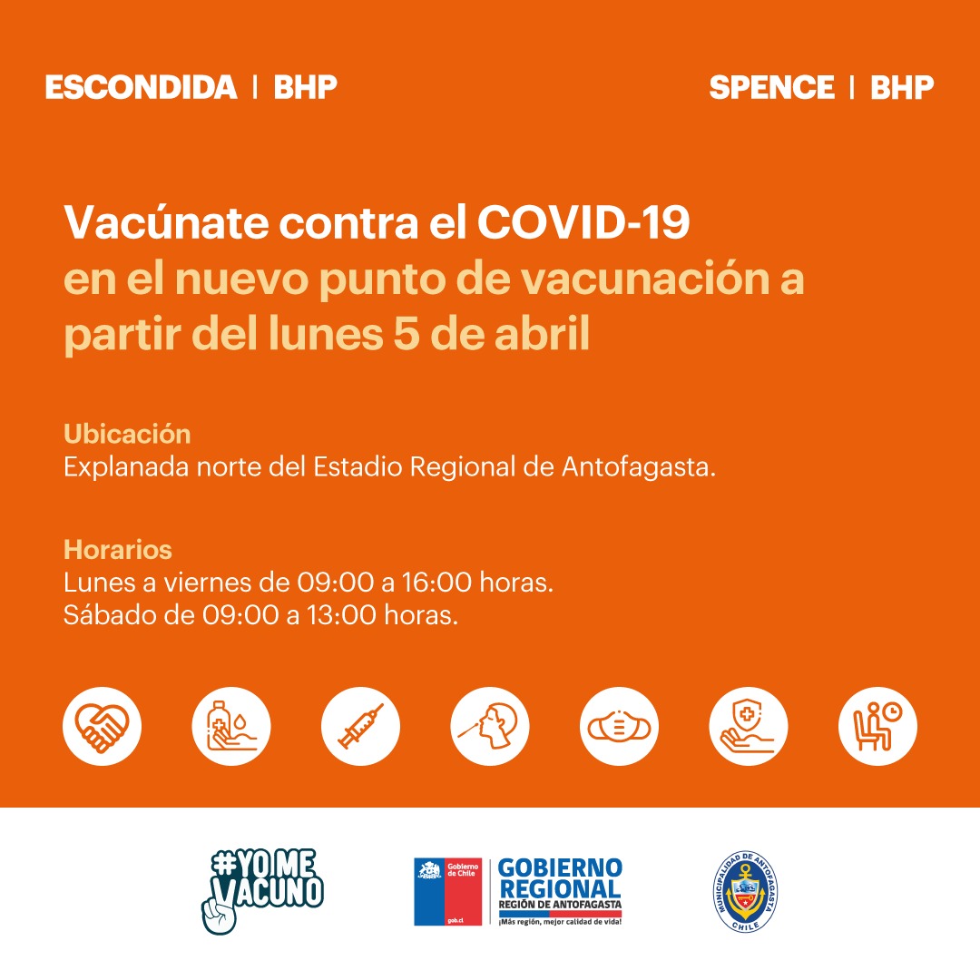 SeremiSalud2's tweet photo. ➡️ Desde el lunes se incorpora como punto de vacunación en #Antofagsta, la explanada del Estadio Regional, habilitado con aportes de Escondida y Spence.
➡️ Pueden asistir los sanos desde los 50 años, las segundas dosis y todos los grupos rezagados... https://t.co/oBETsFHaBZ
