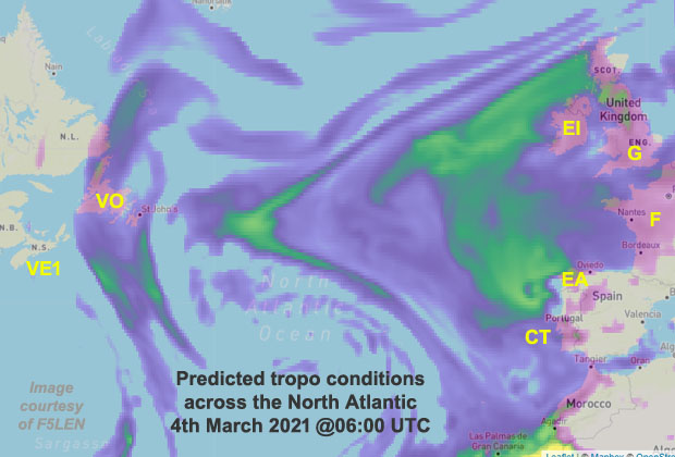ei7gl's tweet photo. F5LEN website predicts the possibility of enhanced tropo VHF conditions across the North Atlantic on the 3rd &amp; 4th of April 2021. Several stations in Newfoundland will be listening on 144 MHz... https://t.co/uKUfA6cdBB https://t.co/20NbqS52fX