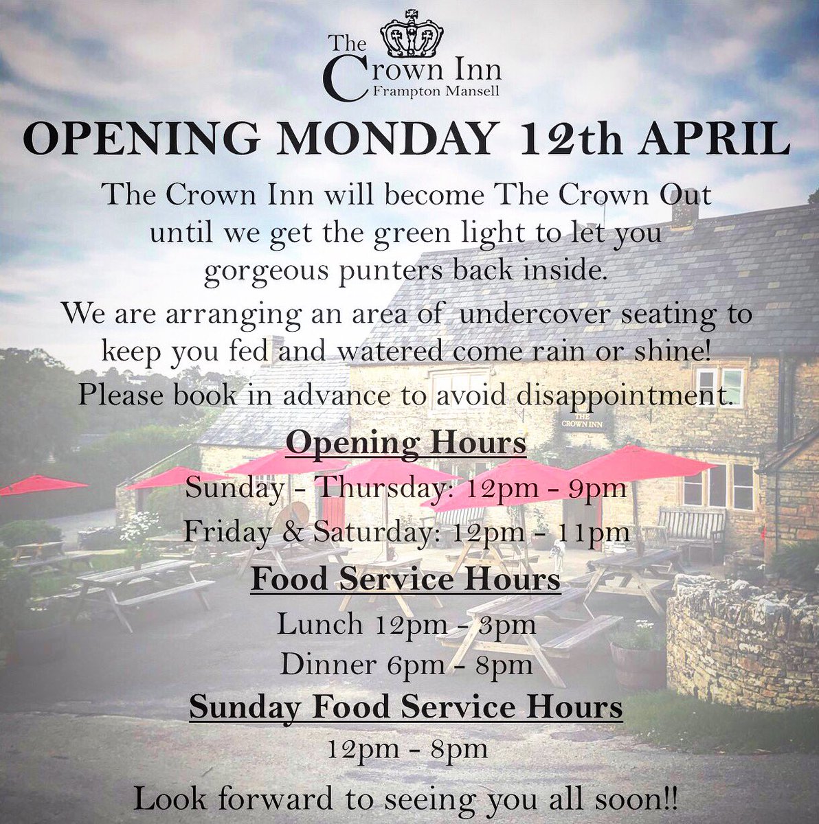 ⚠️IF YOU WOULD LIKE TO BOOK PLEASE EMAIL:

enquiries@thecrowninn-cotswolds.co.uk

#pubopening #alfrescodining #prayforsunshine☀️ #lockdown2021 #countrypub #newnormal #supportsmallbusiness #supportlocal #pubgrub #cotswolds #crowninnframptonmansell #covid_19 #coronavirus