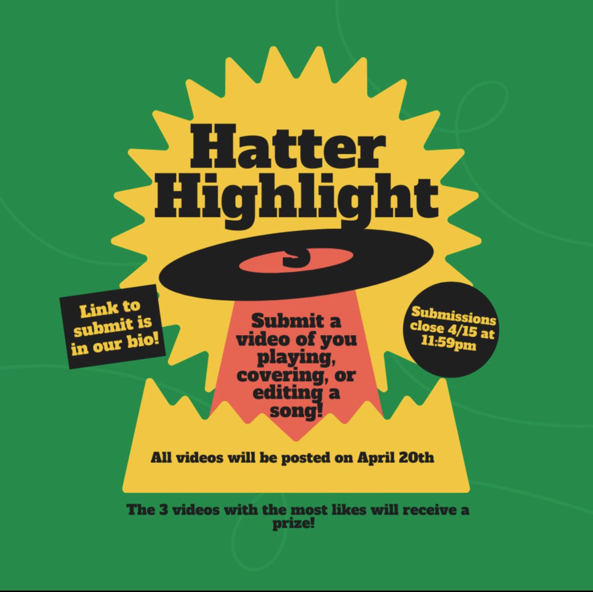 HatterNetwork's tweet photo. Hatter Network presents: Hatter Highlights! Submit a video of you playing, covering, or editing a song by April 15 and each submission will be posted here! The three videos with the most likes will win a prize! Click this link to enter!
https://t.co/MmrjLpbCUs https://t.co/LyxnOlOoSd