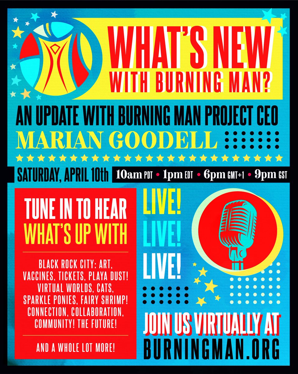Hear ye, hear ye! Saturday April 10th, join Burning Man Project CEO Marian Goodell for the live streaming event of the season! 🔥🔥🔥🔥 Get the scoop on Black Rock City planning, vaccines, tickets, art, virtual worlds, and a whole lot more!