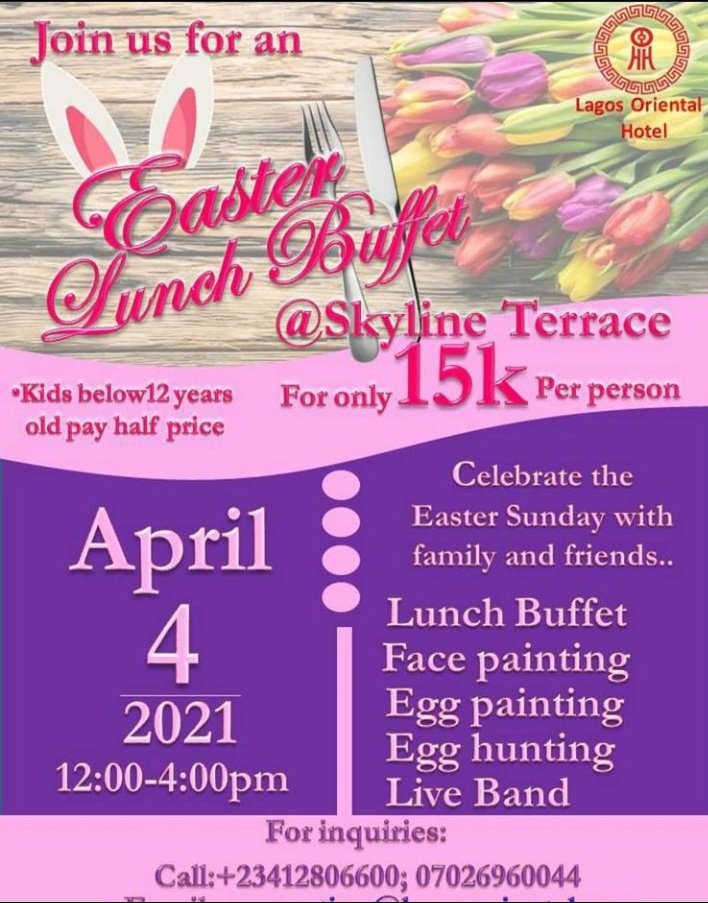 OrientalLagos's tweet photo. Get yourselves ready for the Easter Sunday! 🐰🐰🐰🐰
Email us: reservation@lagosoriental.com, sales@lagosoriental.com https://t.co/PUxB4FsX24