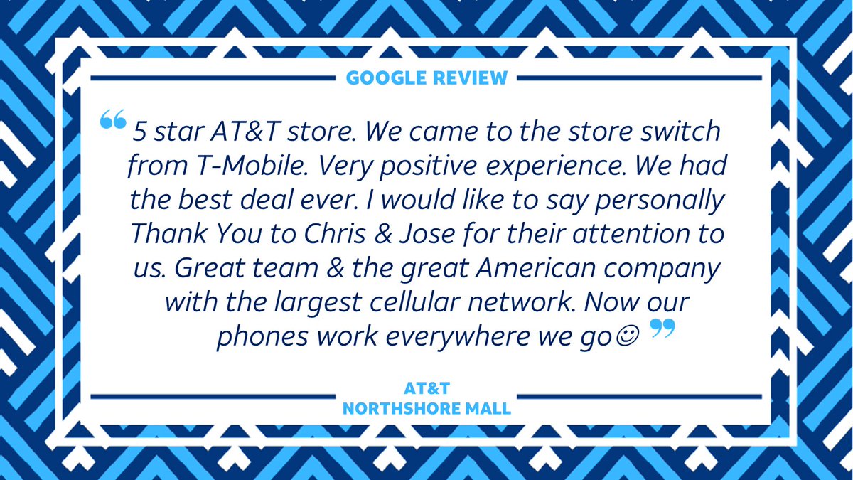 Happy #5StarFriday!🤩🌟Today's review comes from the Northshore Mall where Chris &amp; Jose offered 5-star customer service! They helped this customer switch over from T-Mobile, getting them the best deals &amp; helping them stay connected.📱🎉Nice job team! #CustomerService #OurNE
