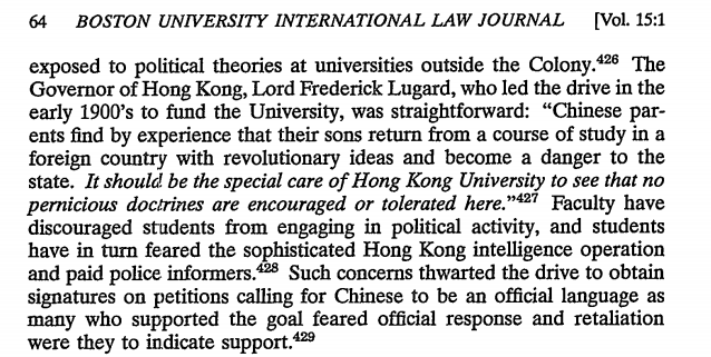 One of the sources of modern separatist and independent thought in Hong Kong is the University of Hong Kong. This isn't much of a surprise, seeing as the British ensured that it would remain an institution devoted to defending the integrity of the colonial system.