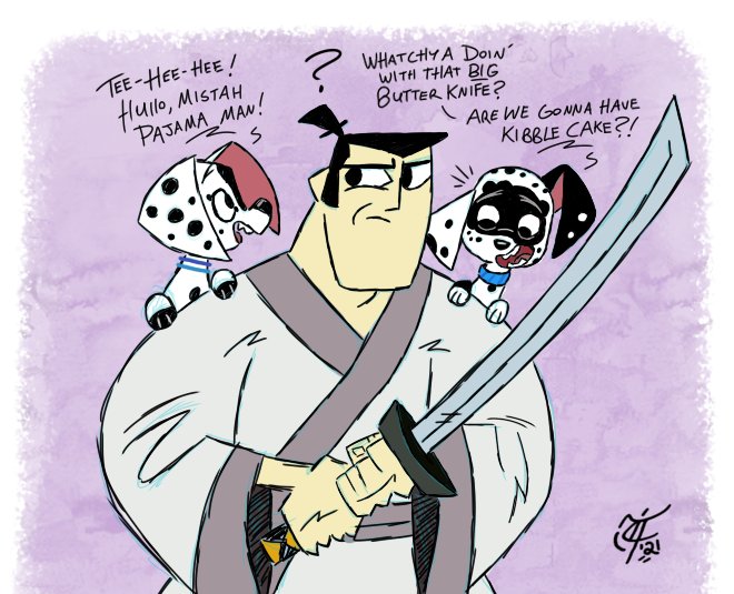 ScooterDoodles's tweet image. A little warm-up doodle of a crossover between two animated series whose styles I absolutely love - Jack meets Dizzy and Dee Dee ✏📺 🗡🐾😊 #ScooterSketches #sketchyart #doodle #SamuraiJack #101DalmatianStreet #CartoonNetwork #Disney #styleexperiment #crossover #FanartFriday