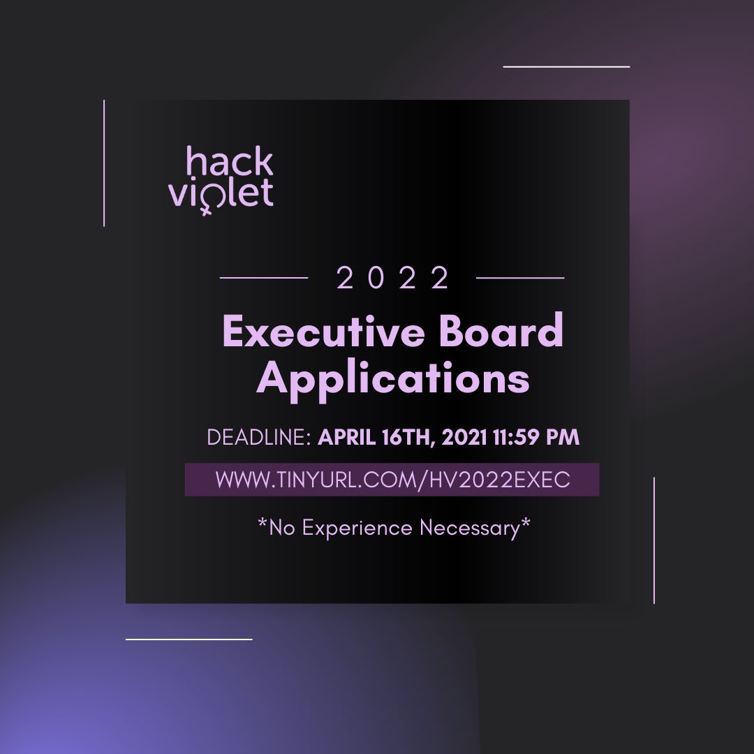 HackVioletVT's tweet photo. Exec Board Applications are Officially Live!!

Apply now to gain valuable experience, strengthen your resume, learn new skills, and help us encourage diversity in tech! 

📎 Link: https://t.co/sOUApWMquw 
⏰ Deadline: 4/16/21 11:59 PM
❓ Questions? DM us or email us! https://t.co/tsWbyKjnPb