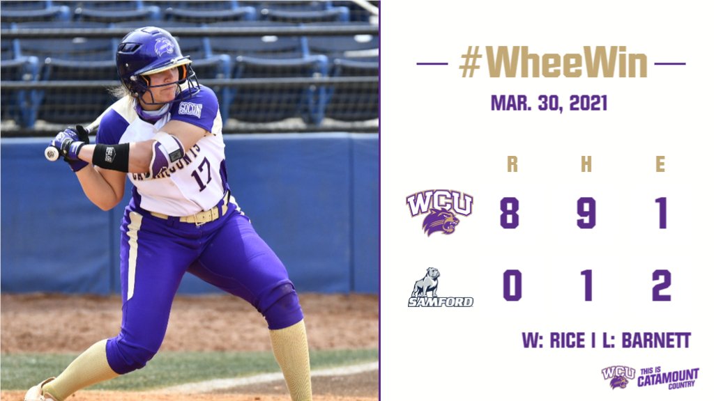#WheeWin | Sophomore hurler Savannah Rice tosses a 1-hit shutout with 8 strikeouts as the Catamounts shut down Samford 8-0 in five innings. 
Kailey McNeil hit a 2-run home run - her 4th of the season.