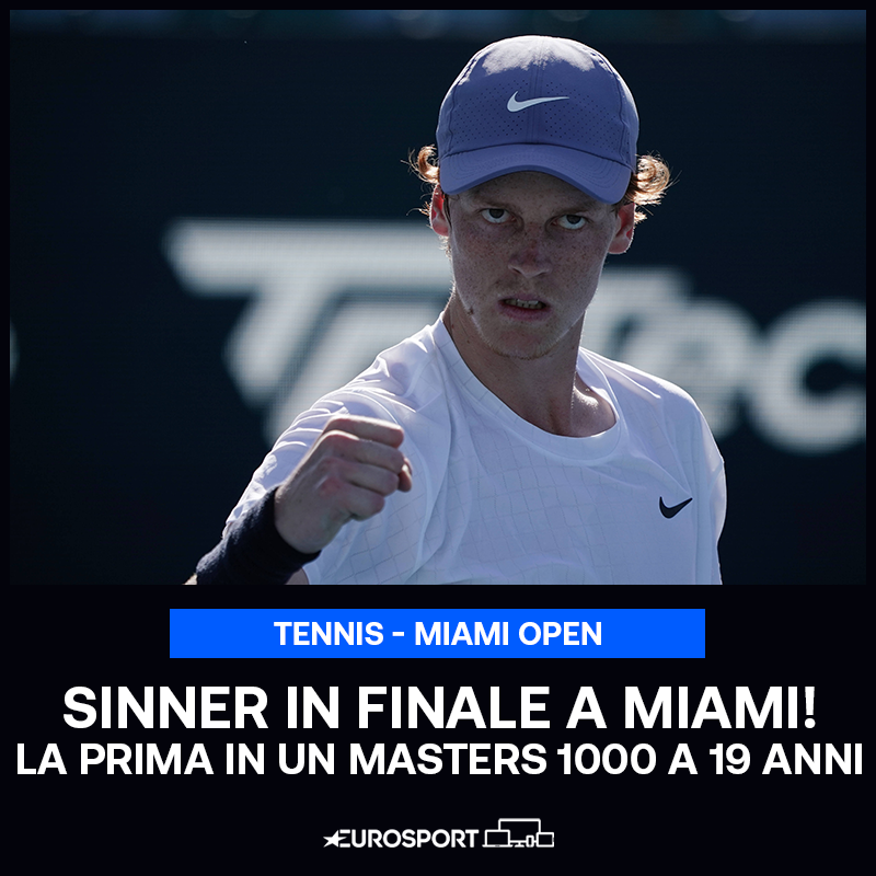 Eurosport_IT's tweet photo. NON STIAMO SOGNANDOOOOOOO 💥

Jannik Sinner a soli 19 anni batte Bautista Agut (5-7 6-4 6-4) e conquista la sua prima finale in un Masters 1000 🇮🇹💙

#Sinner | #MiamiOpen | #EurosportTENNIS https://t.co/sKHM9jrAGK