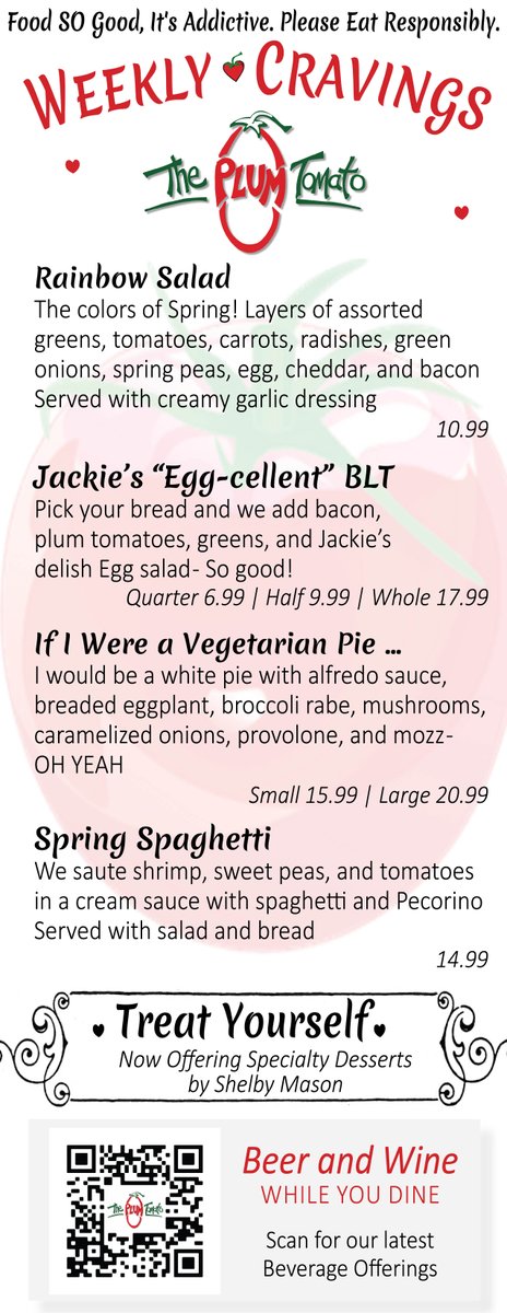 It's a Holiday Weekend and we're ready with another great Holiday menu - Get your Cravings fix at 5 - Colchester TPT
.
.
.
#theplumtomato #weeklycravings #foodislove #iheartpizza #getinmybelly #colchestect