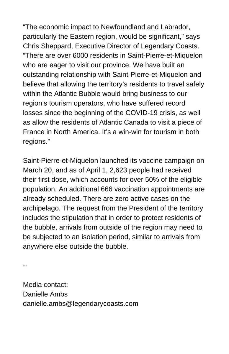 Local government in Saint-Pierre-et-Miquelon asks Prefect to present unified request to join the Atlantic Bubble. We would love to see this happen and believe it would be a win-win for tourism in both our regions. <a href="/TourismeSPM/">St-Pierre & Miquelon</a>