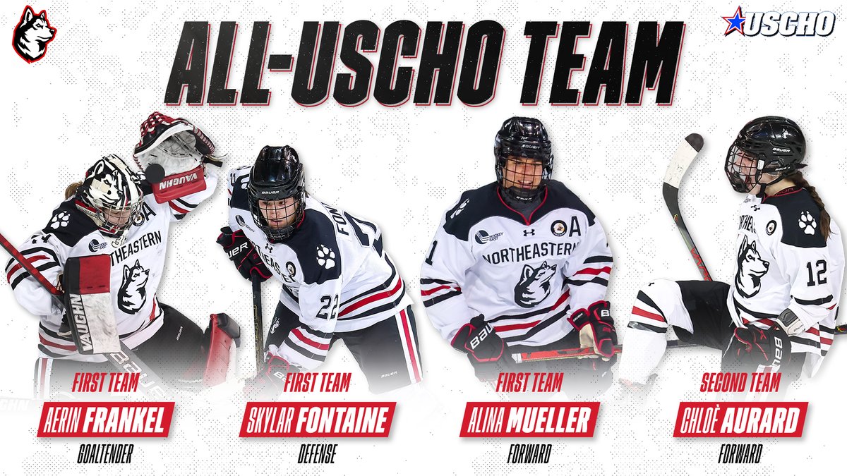 𝟜 selections to the All-<a href="/USCHO/">USCHO.com</a> teams‼️

🌟Aerin Frankel
🌟Skylar Fontaine
🌟Alina Mueller 
🌟Chloé Aurard

Frankel, Fontaine &amp; Mueller were named to the first team, while Aurard garnered second-team accolades.

📕 ➾ bit.ly/3ufnLqm | #HowlinHuskies
