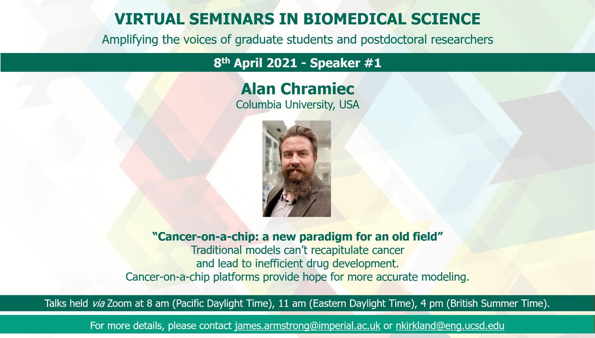 This Thurs 8th April on #Virtual #Seminars in #Biomedical #Science we welcome Alan Chramiec (<a href="/ChramiecAlan/">Alan Chramiec</a>) of <a href="/Columbia/">Columbia University</a> University to tell us about "cancer-on-a-chip: a new paradigm for an old field"!

Join us by registering here:
forms.gle/kpP78MrSN8DUUS…