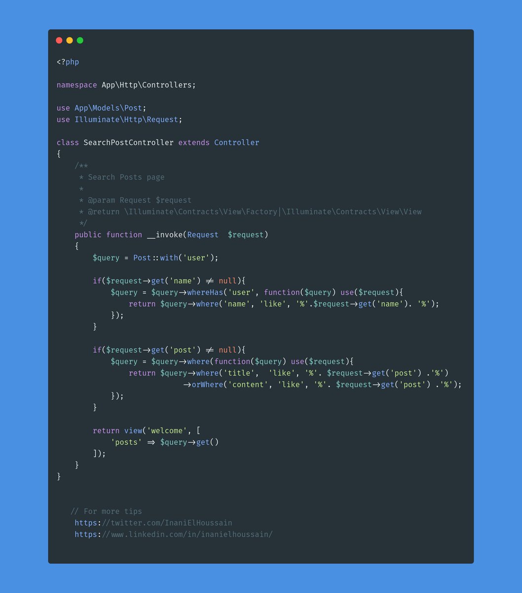 InaniElHoussain's tweet image. The @laravelphp pipes are one of the most underrated features in laravel.
In this tweet, I'll show you how I implement filters. 
Easy peasy lemon squeezy.
#100DaysOfCode