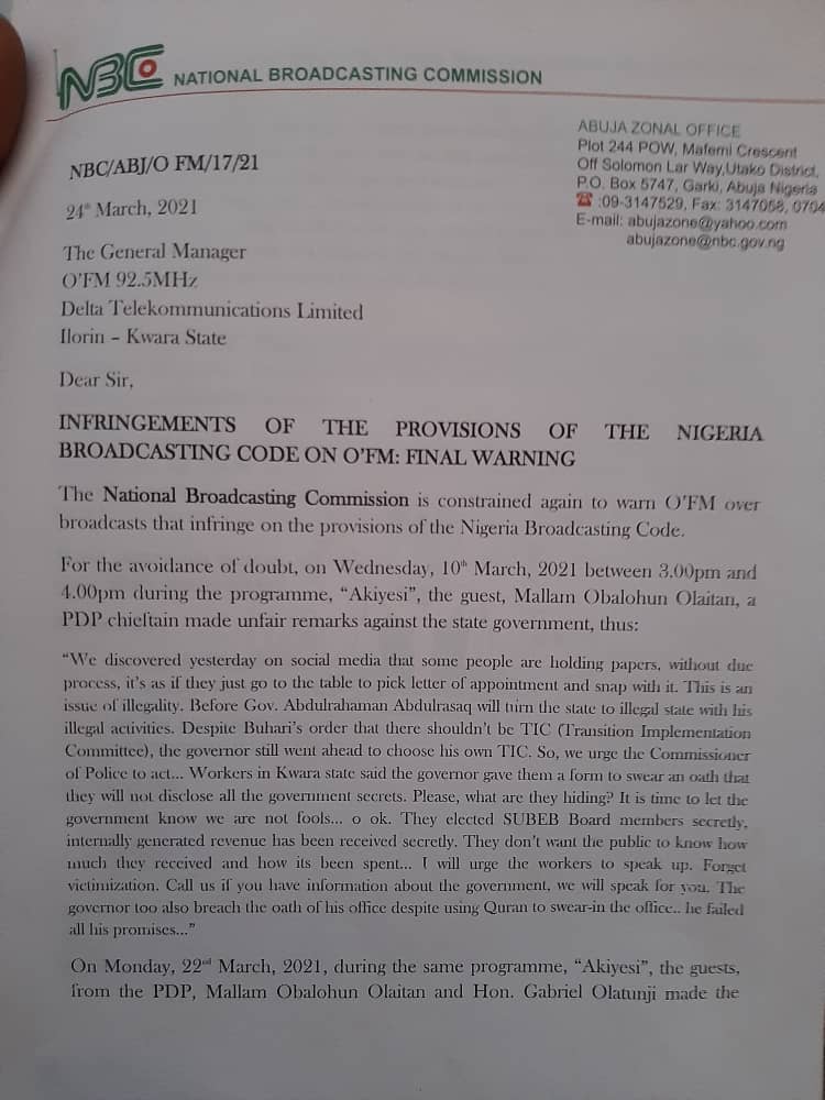 TEAMKWARA's tweet photo. FRESH: *NBC sets to sanction OFM station over Laitan Obalowu Team Kwara's radio programme* @bukolasaraki @OfficialPDPNig https://t.co/eSUe2ZMg8V