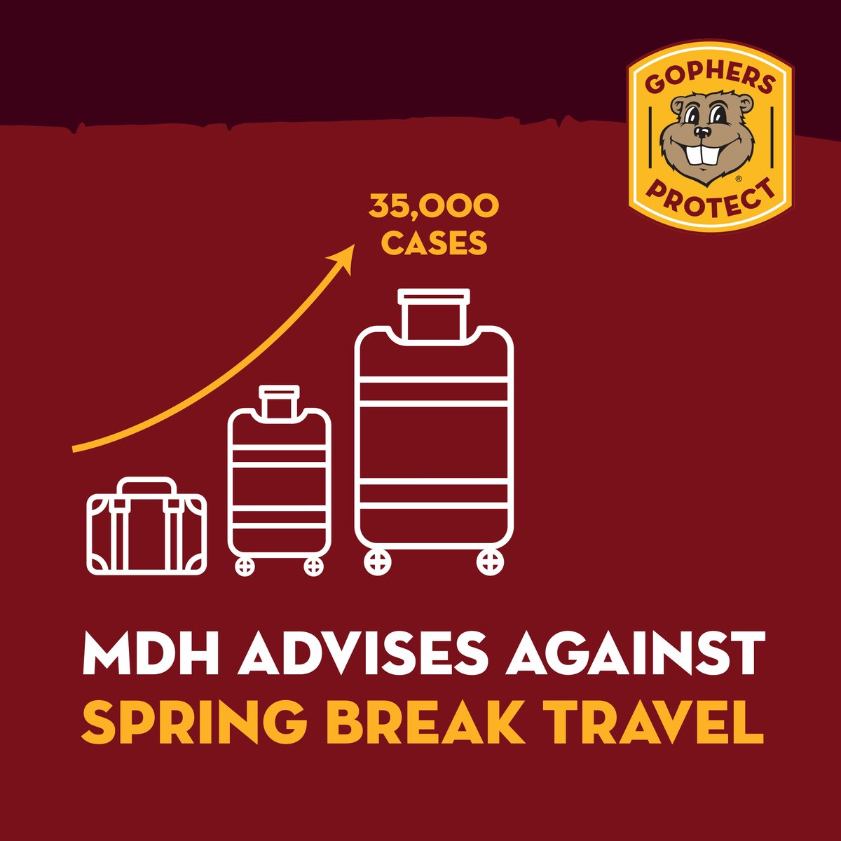 umnSUA's tweet photo. With 35,000 cases of COVID-19 in MN traced to traveling, the Minnesota Department of Health advises against traveling this spring break. Doing so allows those living and learning on campus to continue to do so. See all safety guidelines: https://t.co/wo2CkSJdLS #GophersProtect https://t.co/EHnjw5oTa2
