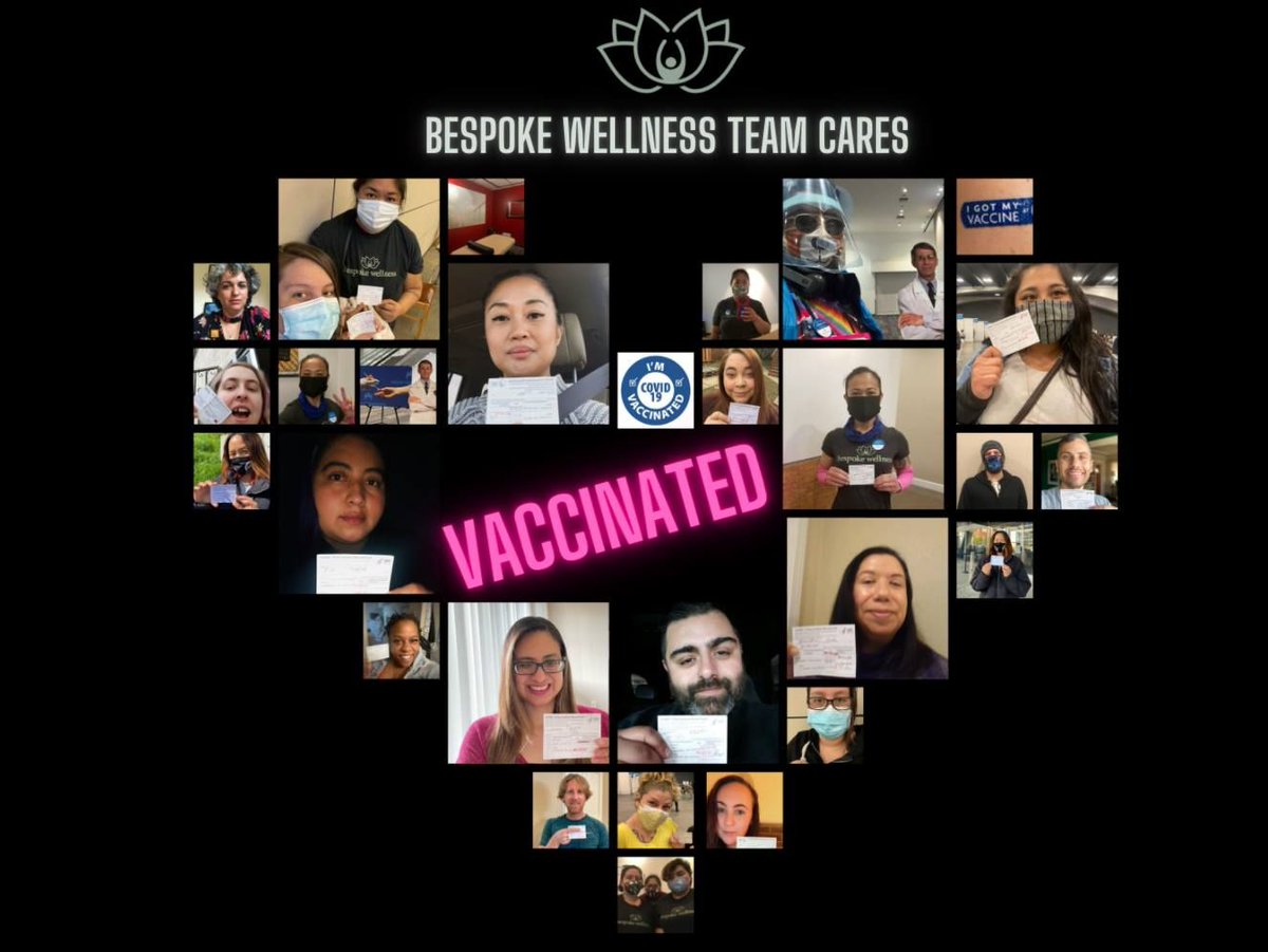 bespokealameda's tweet photo. We are so happy to announce that our entire team of Massage Therapists, Acupuncturist and Front Desk Team are fully vaccinated! We have 4 people who are unable to get vaccinated for health reasons but everyone else is done! https://t.co/jALy7MIZfJ