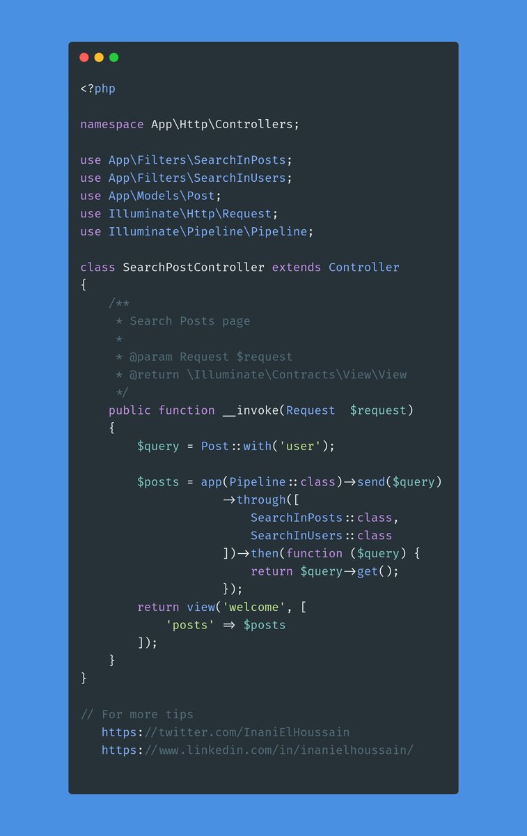 InaniElHoussain's tweet image. The @laravelphp pipes are one of the most underrated features in laravel.
In this tweet, I'll show you how I implement filters. 
Easy peasy lemon squeezy.
#100DaysOfCode