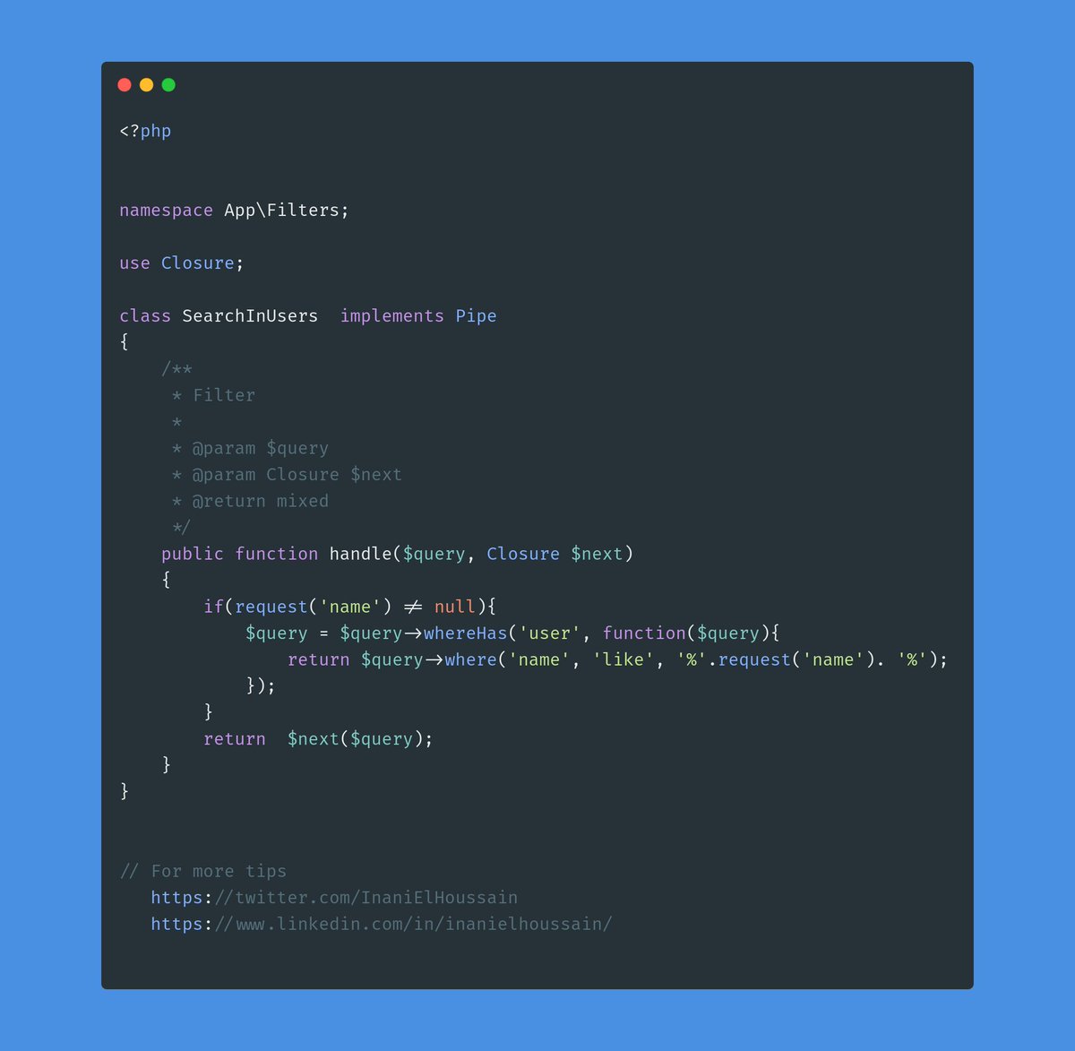 InaniElHoussain's tweet image. The @laravelphp pipes are one of the most underrated features in laravel.
In this tweet, I'll show you how I implement filters. 
Easy peasy lemon squeezy.
#100DaysOfCode