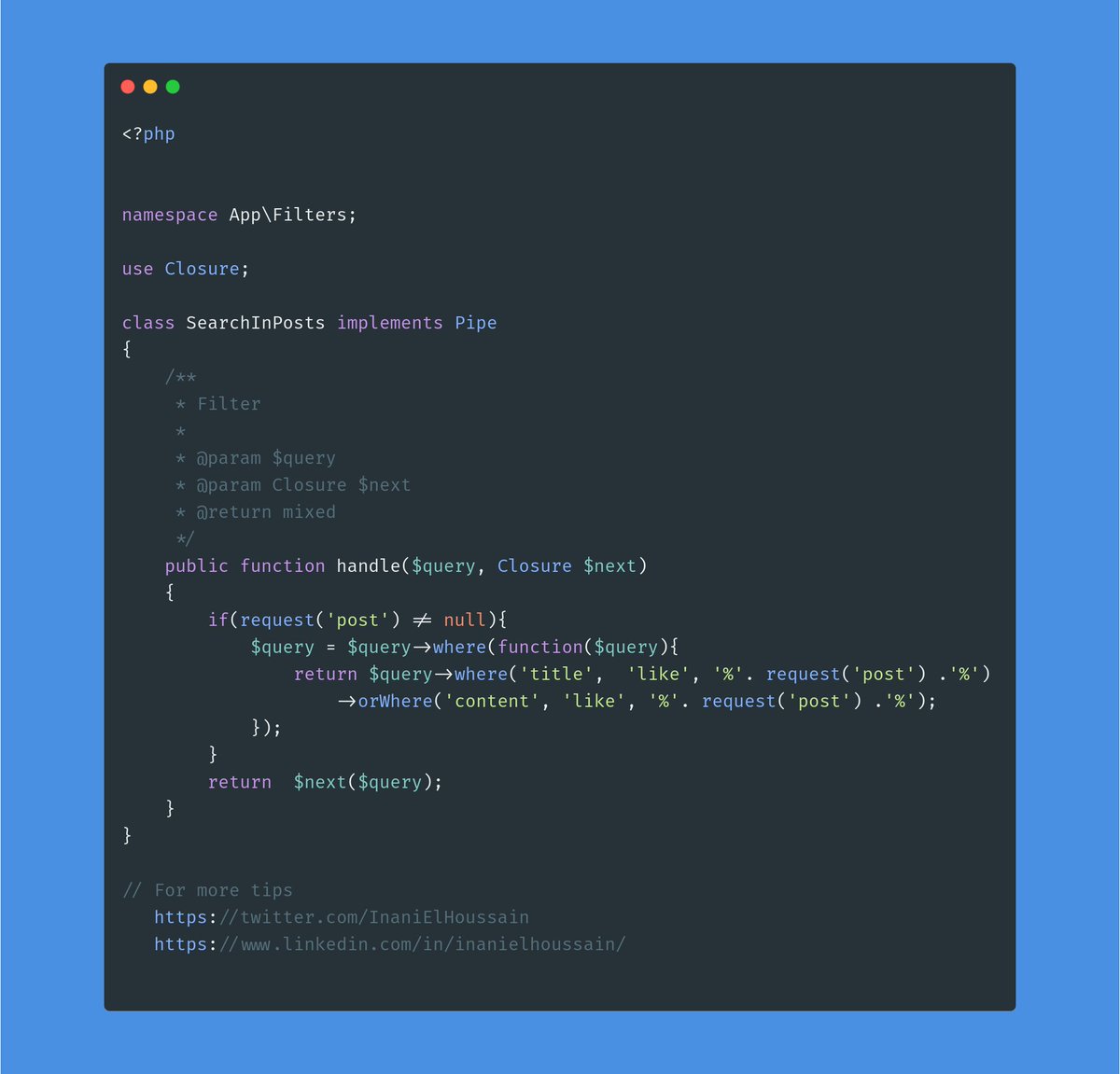InaniElHoussain's tweet image. The @laravelphp pipes are one of the most underrated features in laravel.
In this tweet, I'll show you how I implement filters. 
Easy peasy lemon squeezy.
#100DaysOfCode